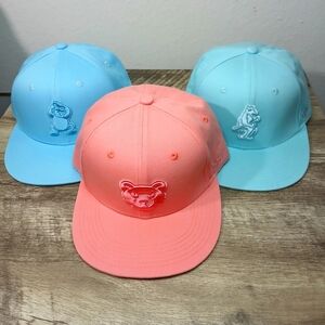 3 Chicago Cubs Budweiser Hats, pink 1994, Aqua Turquoise 1914 and baby blue 1934